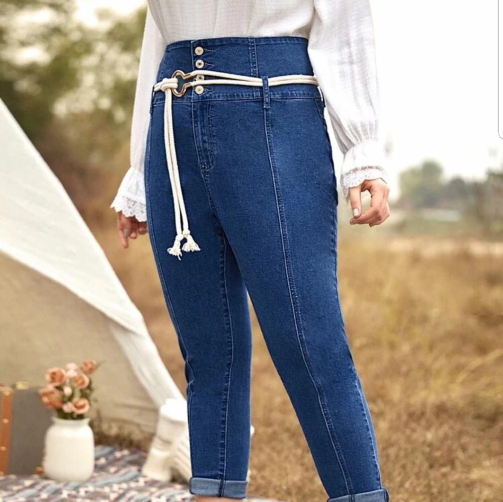 Buttoned Wide Waistband Seam Front Jeans Without B